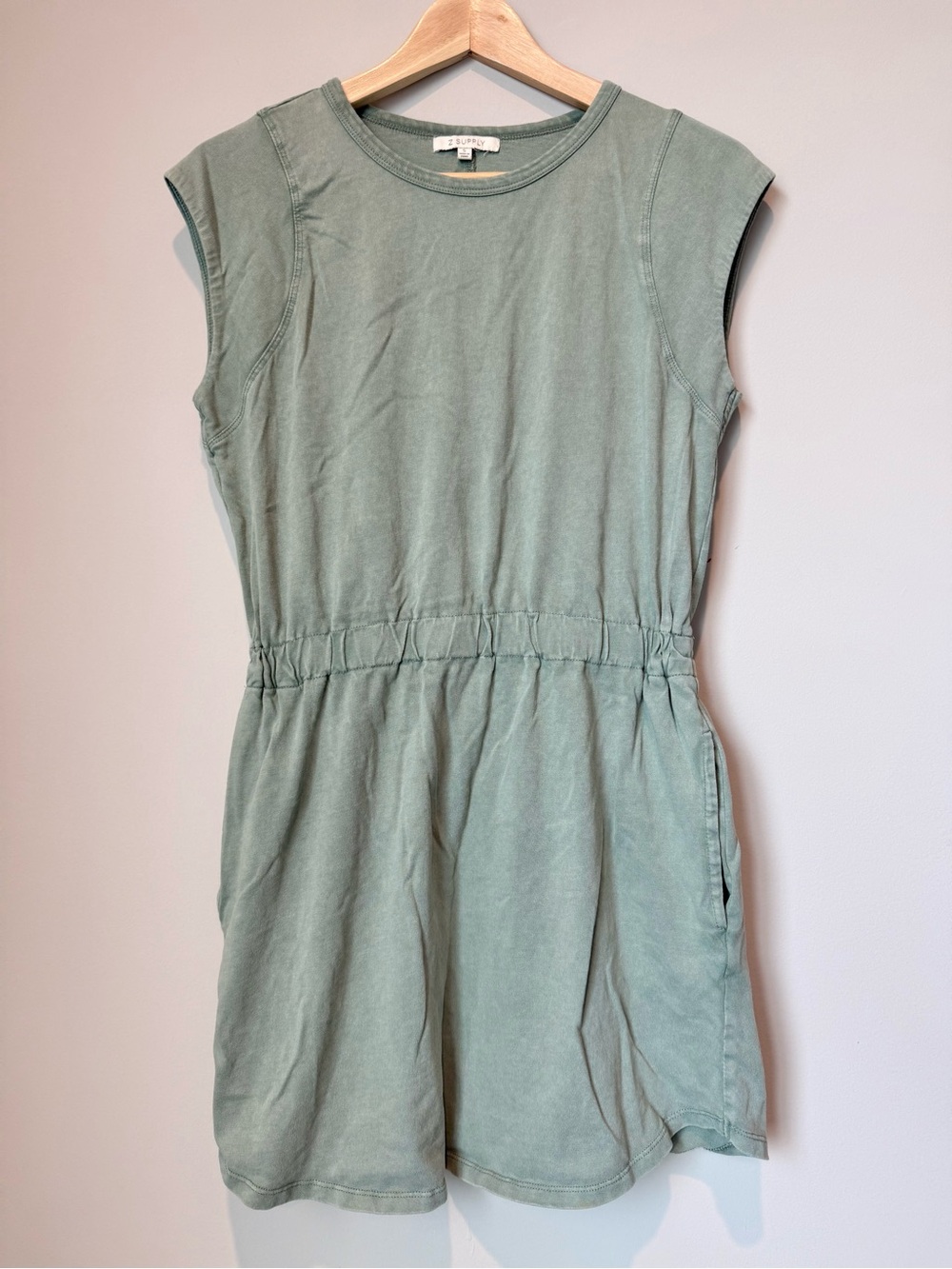 Z Supply Sleeveless Cinched-Waist Cotton T-Shirt Dress with Pockets- Sage Green